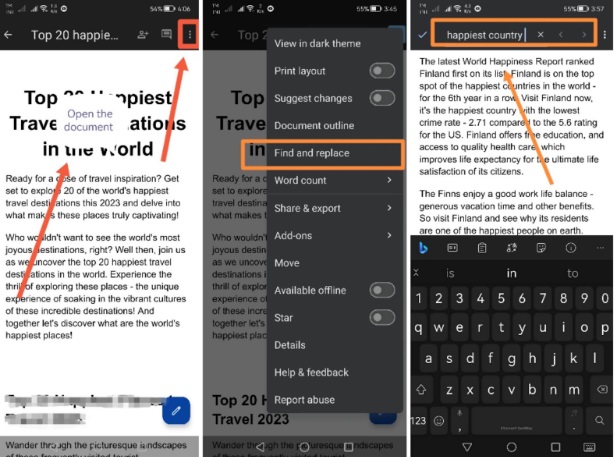how to control f on android phone for google docs